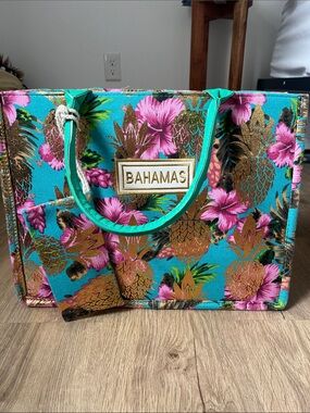 Bahamas Pineapple Floral Tote Bag in Turquoise and Pink